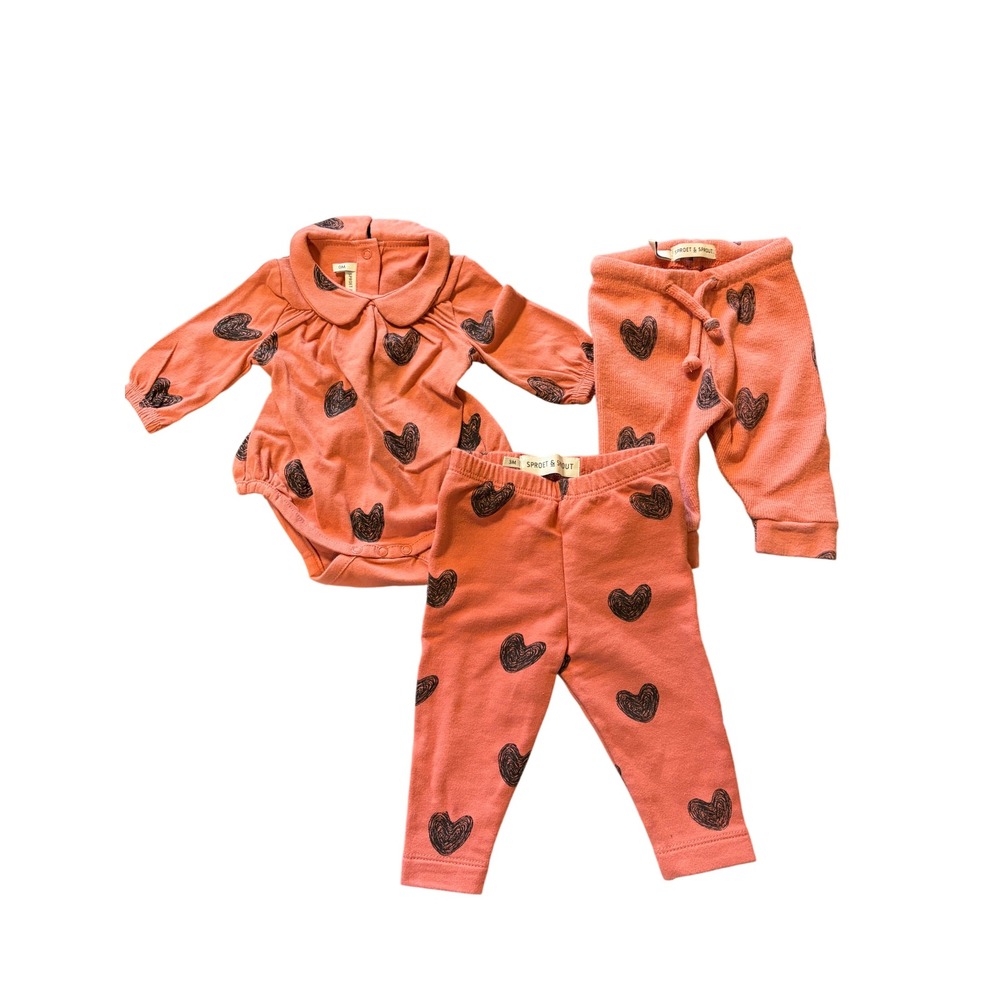 Sproet & Sprout Organic Cotton Heart Print 3 Piece Set Newborn 3M Coral Pink